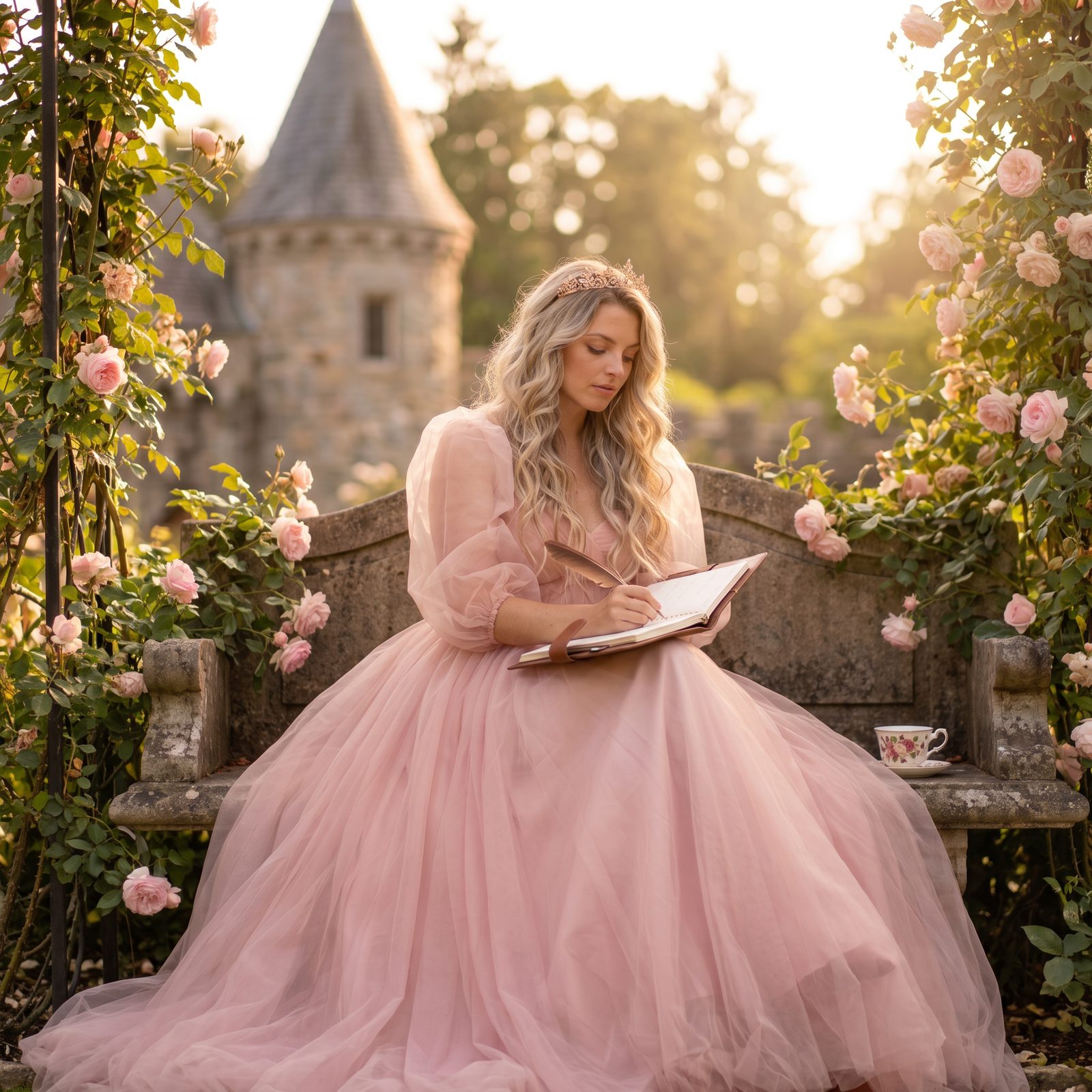 A princess planning her week in a castle rose garden