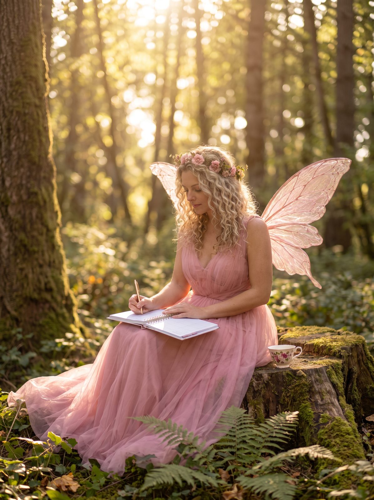 A fairy in a pink gown writing in her planner in a sunlit forest
