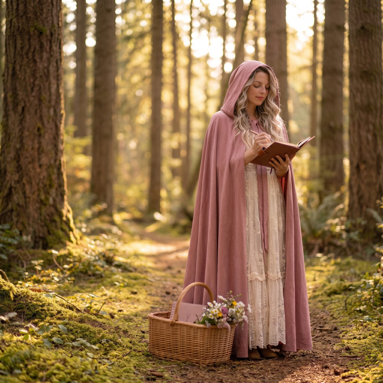 Little Red Riding Hood checking her planner on a forest path
